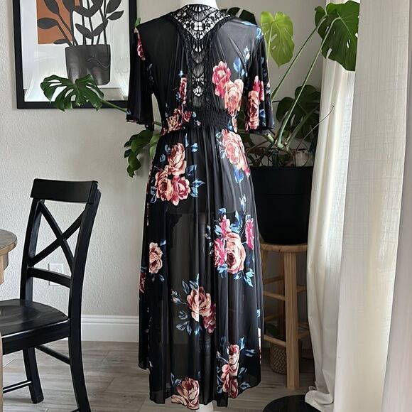 NWOT L.I.F.E Sheer Floral Dress Layering Cover High Low Black Retro Feminine - Picture 6 of 10